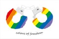 Soft handcuffs. Color of the LGBT flag. LGBT Pride Month. Accessory for adults. Rainbow love concept  and tolerance. Vector illus Royalty Free Stock Photo